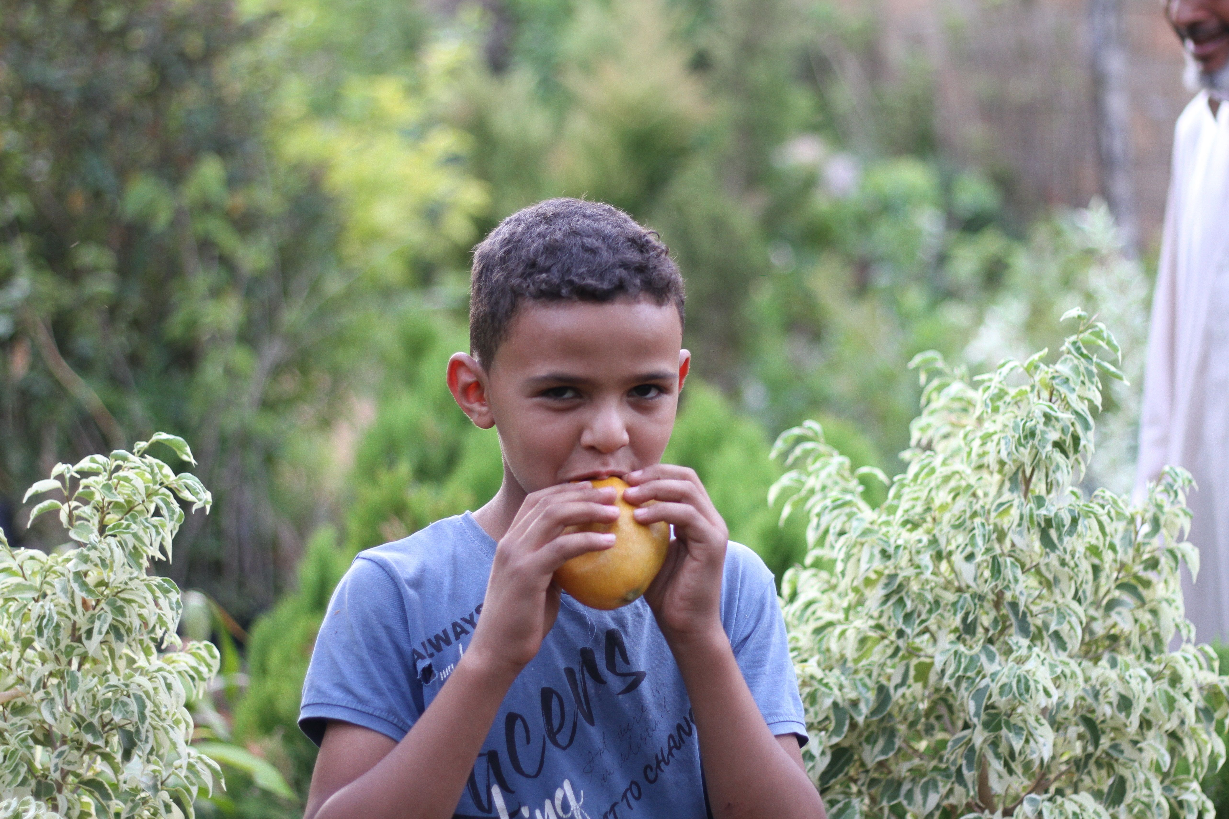 a young boy eating a banana