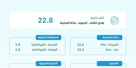 البيئة : الجموم بمكة المكرمة تسجّل أعلى كمية لهطول الأمطار بـ (22.8) ملم - عرب فايف