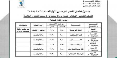 جدول امتحانات الفصل الدراسي الأول محافظة القاهرة.. اطلع الآن - عرب فايف