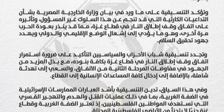 التنسيقية تثمن بيان «الخارجية»: موقف مصر ثابت ضد أي طرح أو تصور يهدف إلى تصفية القضية الفلسطينية  - عرب فايف