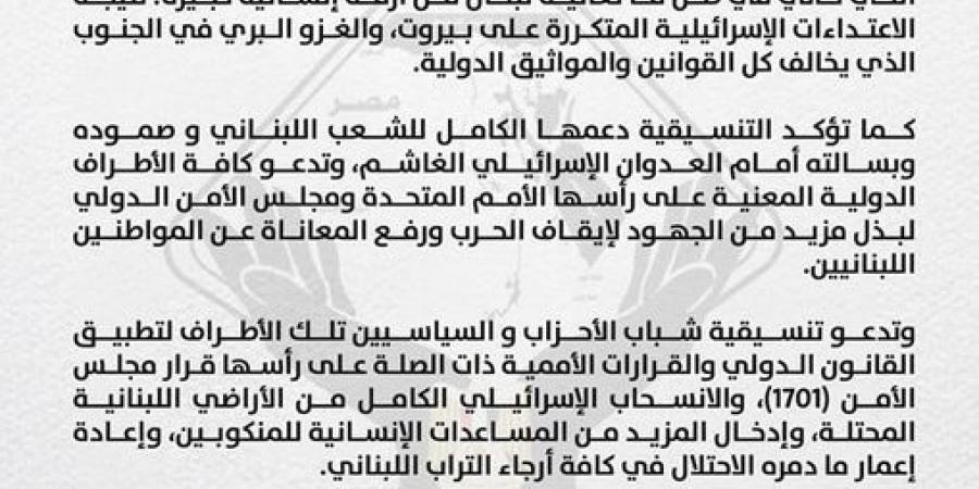 التنسيقية تطالب المجتمع الدولي بالتدخل لإيقاف الحرب ورفع المعاناة عن الشعب اللبناني - عرب فايف