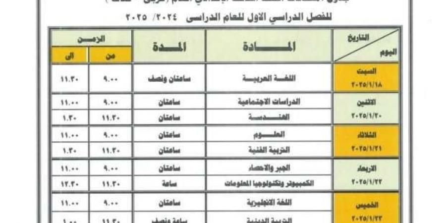 جدول امتحانات الترم الأول 2025 للشهادة الإعدادية في محافظة دمياط - عرب فايف