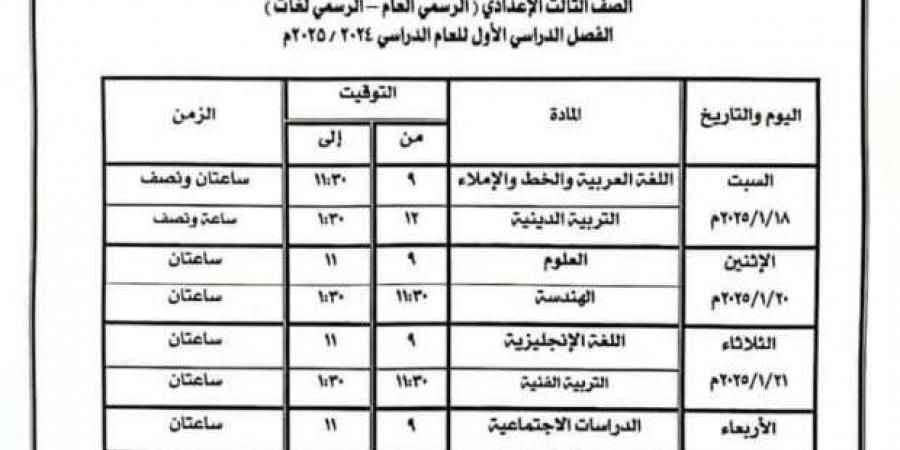 جدول امتحانات الفصل الدراسي الأول للشهادة الإعدادية في كفر الشيخ - عرب فايف